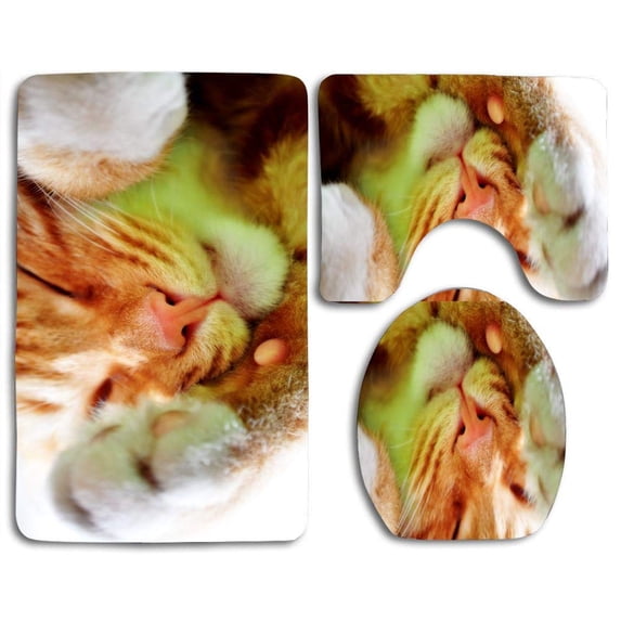 PUDMAD Cute Sleeping Cat 3 Piece Bathroom Rugs Set Bath Rug Contour Mat and Toilet Lid Cover