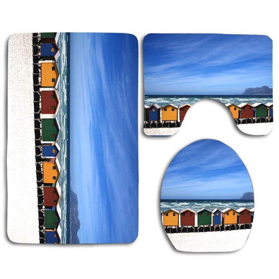 PUDMAD Cute Small House Summer Beach 3 Piece Bathroom Rugs Set Bath Rug Contour Mat and Toilet Lid Cover