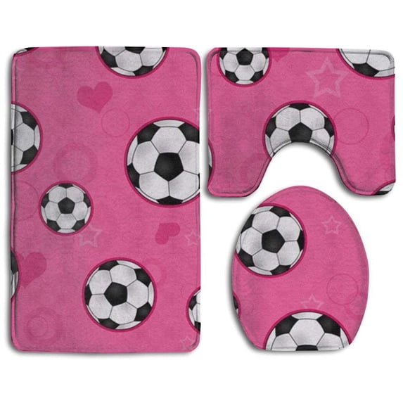 PUDMAD Cute Soccer Ball 3 Piece Bathroom Rugs Set Bath Rug Contour Mat and Toilet Lid Cover