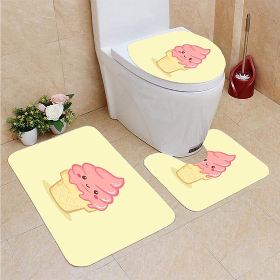 PUDMAD Cute Strawberry Ice Cream Cone Cartoon 3 Piece Bathroom Rugs Set Bath Rug Contour Mat and Toilet Lid Cover