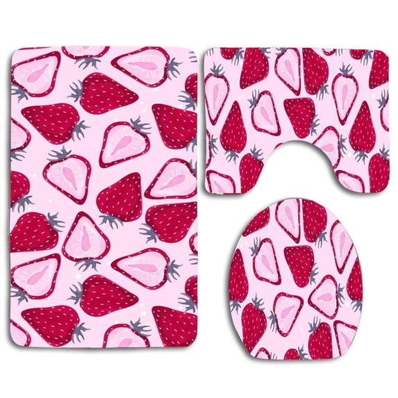 PUDMAD Cute Strawberry Paintting 3 Piece Bathroom Rugs Set Bath Rug Contour Mat and Toilet Lid Cover