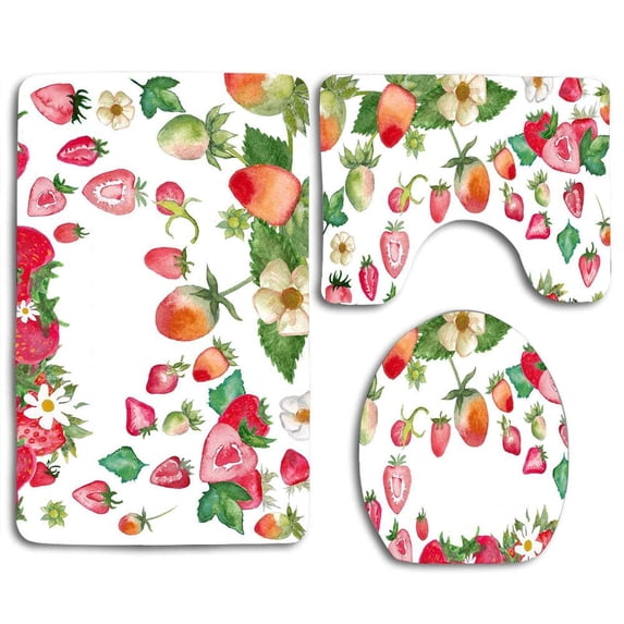 PUDMAD Cute Strawberry Watercolor 3 Piece Bathroom Rugs Set Bath Rug Contour Mat and Toilet Lid Cover