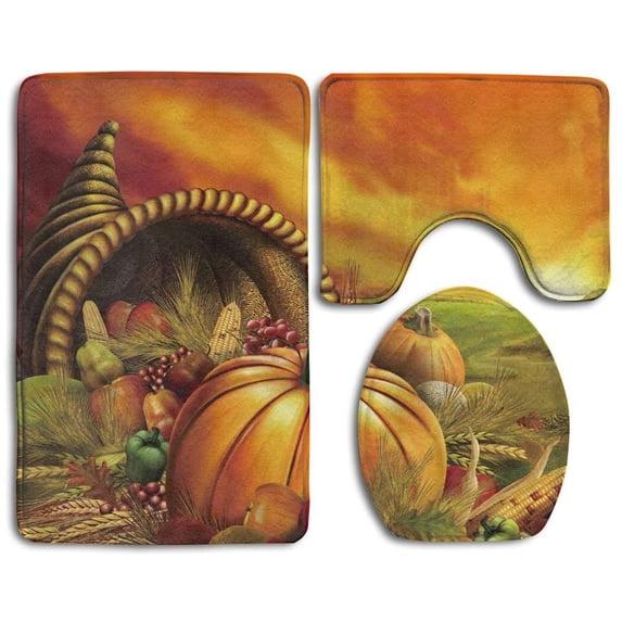 PUDMAD Cute Thanksgiving Pumpkin Sunset Fashion 3 Piece Bathroom Rugs Set Bath Rug Contour Mat and Toilet Lid Cover