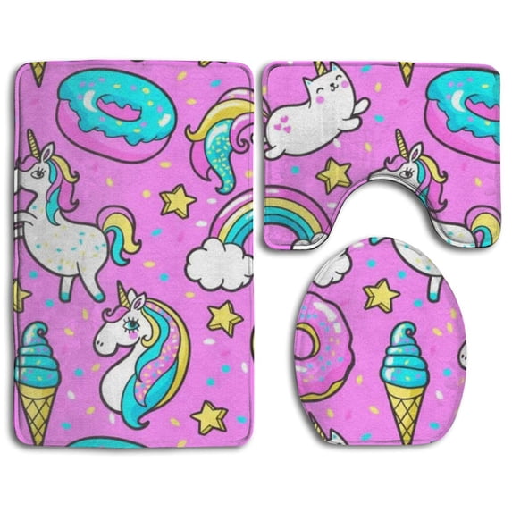 PUDMAD Cute Unicorn Kawaii for Girls 3 Piece Bathroom Rugs Set Bath Rug Contour Mat and Toilet Lid Cover