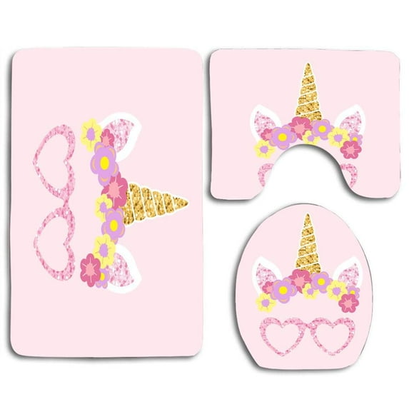 PUDMAD Cute Unicorn Photo Booth Party Props 3 Piece Bathroom Rugs Set Bath Rug Contour Mat and Toilet Lid Cover