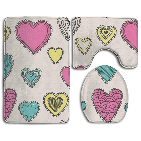 PUDMAD Cute Valentine in Hand Drawn Style 3 Piece Bathroom Rugs Set Bath Rug Contour Mat and Toilet Lid Cover