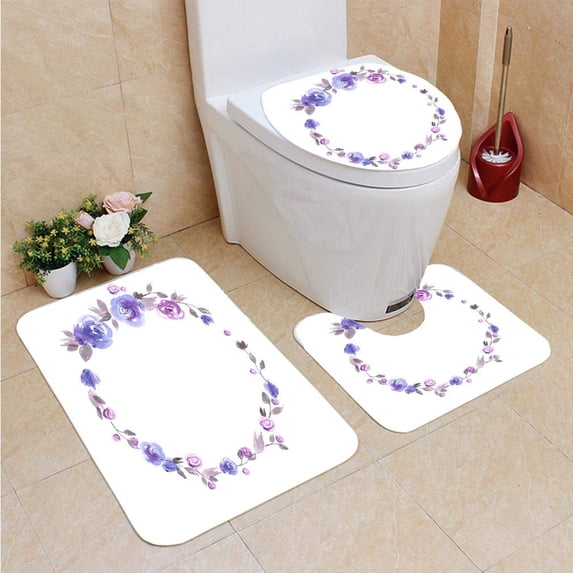 PUDMAD Cute Watercolor Flower Frame Roses 3 Piece Bathroom Rugs Set Bath Rug Contour Mat and Toilet Lid Cover