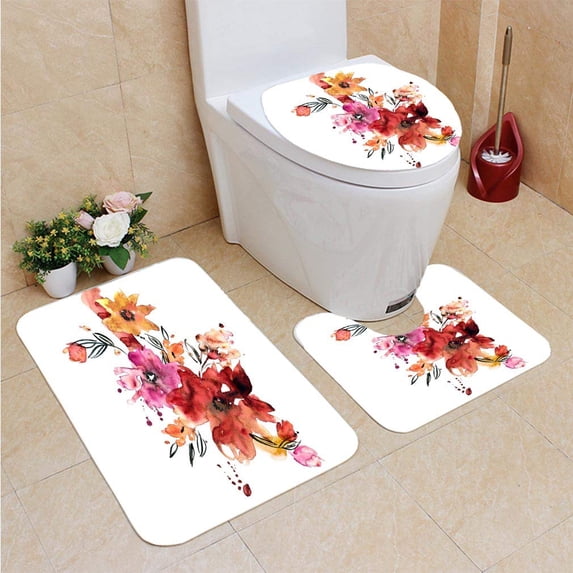 PUDMAD Cute Watercolor Hand Painted Flowers 3 Piece Bathroom Rugs Set Bath Rug Contour Mat and Toilet Lid Cover