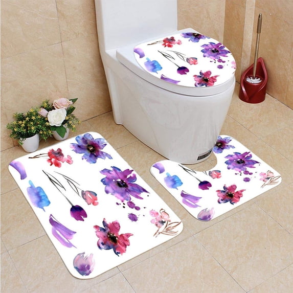 PUDMAD Cute Watercolor Hand Painted Flowers 3 Piece Bathroom Rugs Set Bath Rug Contour Mat and Toilet Lid Cover