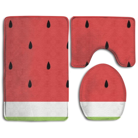 PUDMAD Cute Watermelon Fruit 3 Piece Bathroom Rugs Set Bath Rug Contour Mat and Toilet Lid Cover