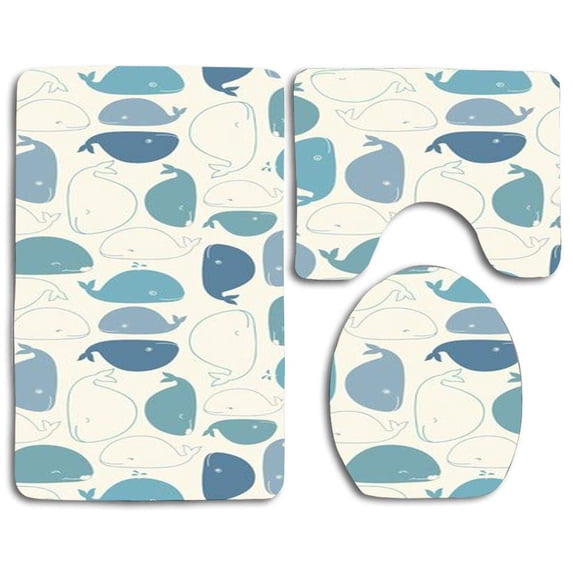 PUDMAD Cute Whales 3 Piece Bathroom Rugs Set Bath Rug Contour Mat and Toilet Lid Cover