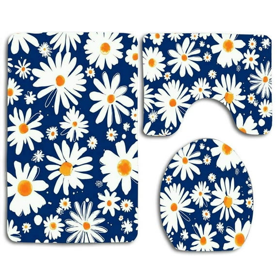 PUDMAD Cute White Daisy 3 Piece Bathroom Rugs Set Bath Rug Contour Mat and Toilet Lid Cover