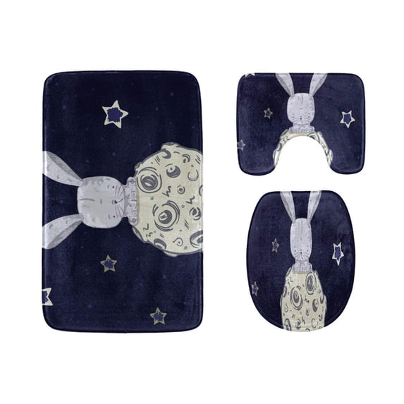 PUDMAD Cute White Hairy Rabbits Carrot 3 Piece Bathroom Rugs Set Bath Rug Contour Mat and Toilet Lid Cover