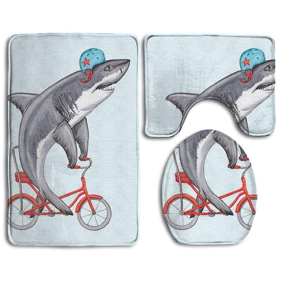 PUDMAD Cycling Shark 3 Piece Bathroom Rugs Set Bath Rug Contour Mat and Toilet Lid Cover