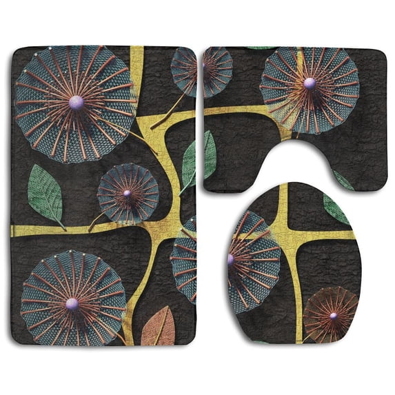 PUDMAD D Copper Flowers Seamless 3 Piece Bathroom Rugs Set Bath Rug Contour Mat and Toilet Lid Cover
