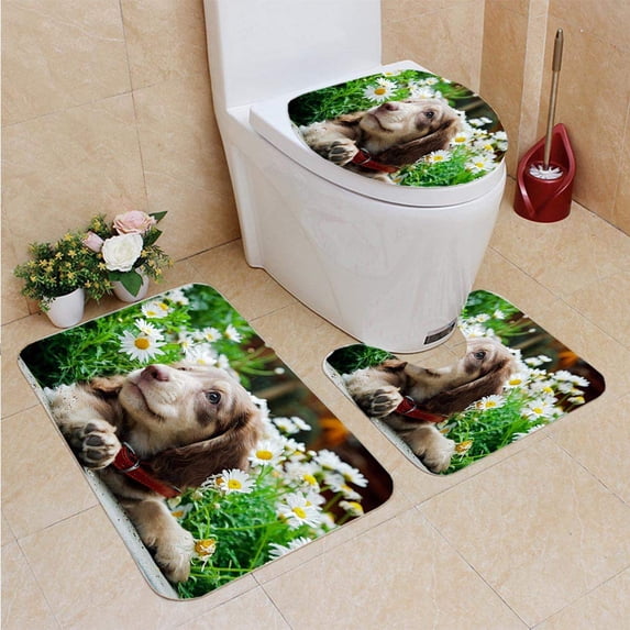 PUDMAD Dachshund 3 Piece Bathroom Rugs Set Bath Rug Contour Mat and Toilet Lid Cover