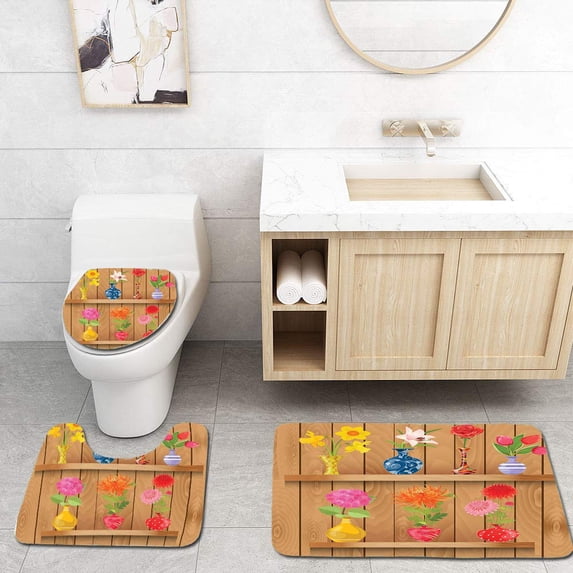 PUDMAD Daffodil Glass Vases Colorful Flowers on Wooden Shelves Pastel Effects Artsy 3 Piece Bathroom Rugs Set Bath Rug Contour Mat and Toilet Lid Cover