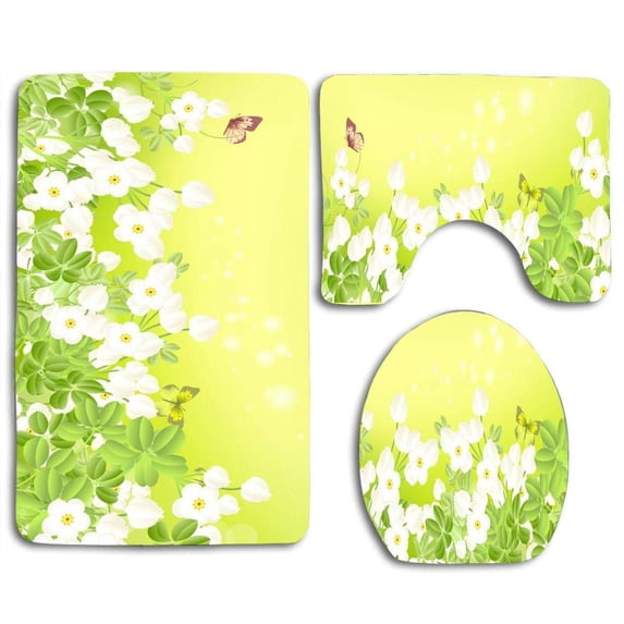 PUDMAD Dainty in Green 3 Piece Bathroom Rugs Set Bath Rug Contour Mat and Toilet Lid Cover