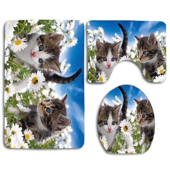 PUDMAD Daises and Cute Kittens Cats 3 Piece Bathroom Rugs Set Bath Rug Contour Mat and Toilet Lid Cover