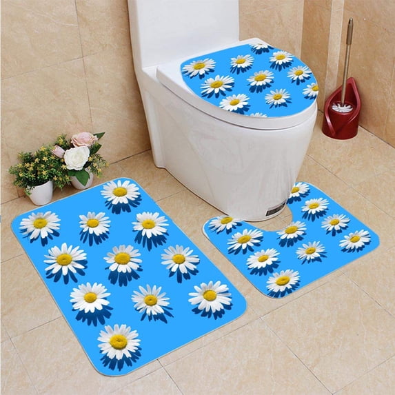 PUDMAD Daisies 3 Piece Bathroom Rugs Set Bath Rug Contour Mat and Toilet Lid Cover
