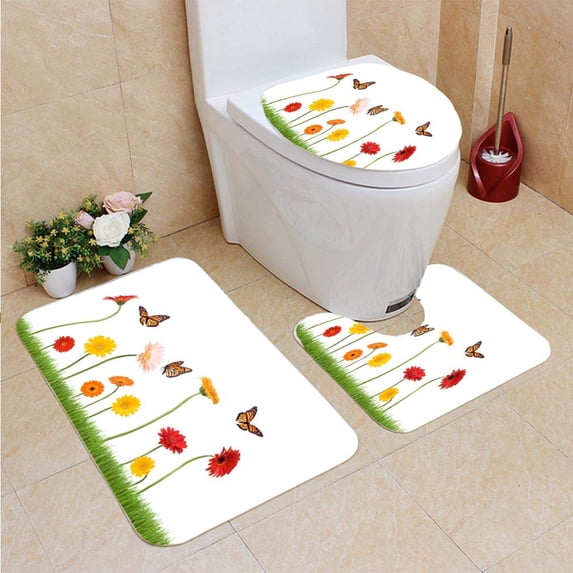 PUDMAD Daisies Butterflies in Grass 3 Piece Bathroom Rugs Set Bath Rug Contour Mat and Toilet Lid Cover