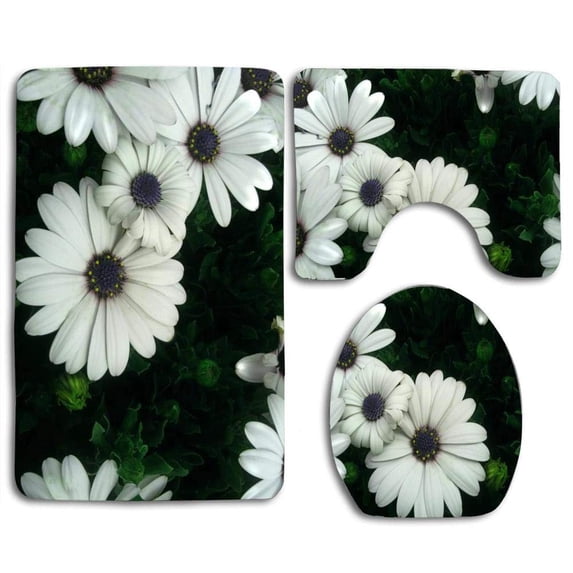 PUDMAD Daisies Flowers 3 Piece Bathroom Rugs Set Bath Rug Contour Mat and Toilet Lid Cover