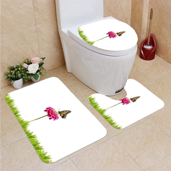PUDMAD Daisy Butterfly XX 3 Piece Bathroom Rugs Set Bath Rug Contour Mat and Toilet Lid Cover