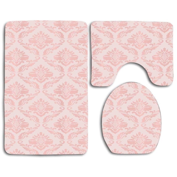 PUDMAD Damask Motif Retro Floral Swirling Petals and Branches 3 Piece Bathroom Rugs Set Bath Rug Contour Mat and Toilet Lid Cover