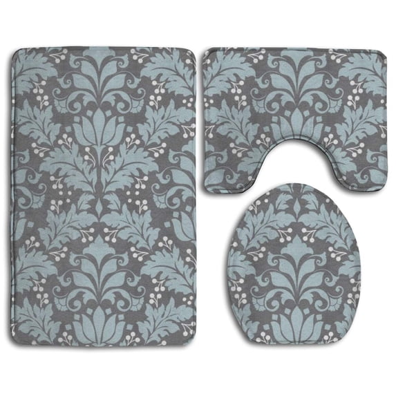 PUDMAD Damask Seamless 3 Piece Bathroom Rugs Set Bath Rug Contour Mat and Toilet Lid Cover