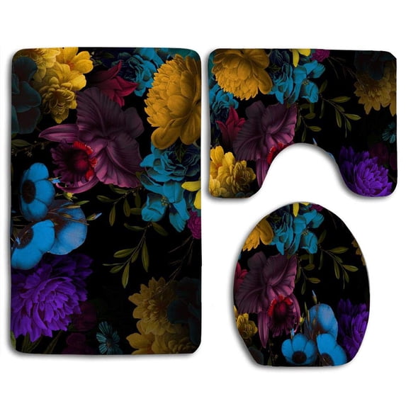 PUDMAD Dark Neon Floral Yellow Purple 3 Piece Bathroom Rugs Set Bath Rug Contour Mat and Toilet Lid Cover