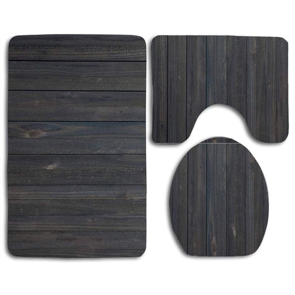 PUDMAD Dark Wood Fence Texture Rough Rustic Weathered Surface Timber Oak Planks 3 Piece Bathroom Rugs Set Bath Rug Contour Mat and Toilet Lid Cover