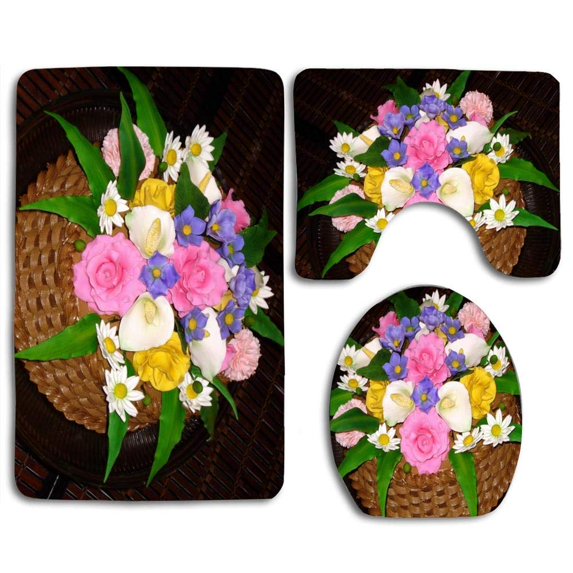 PUDMAD Decorative Cake 3 Piece Bathroom Rugs Set Bath Rug Contour Mat and Toilet Lid Cover