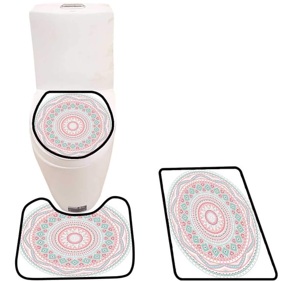 PUDMAD Decorative Pink Blue roundframe on White backgroun for 3 Piece Bathroom Rugs Set Bath Rug Contour Mat and Toilet Lid Cover