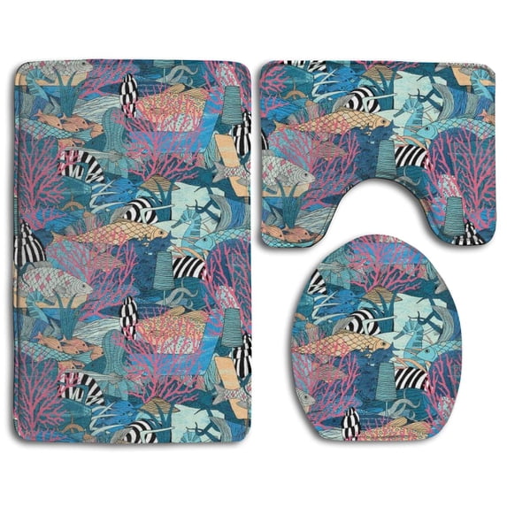 PUDMAD Deep in Sea 3 Piece Bathroom Rugs Set Bath Rug Contour Mat and Toilet Lid Cover