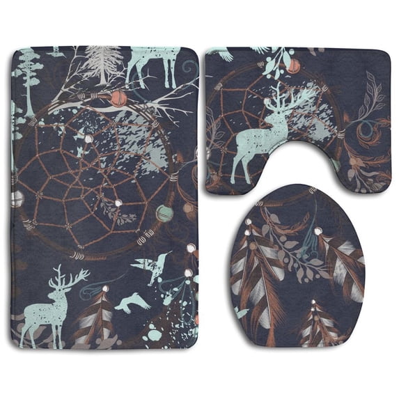 PUDMAD Deer Colorful Christmas 3 Piece Bathroom Rugs Set Bath Rug Contour Mat and Toilet Lid Cover