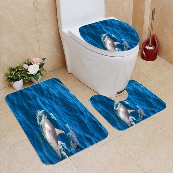 PUDMAD Delfine im Atlantischen Ozean 3 Piece Bathroom Rugs Set Bath Rug Contour Mat and Toilet Lid Cover