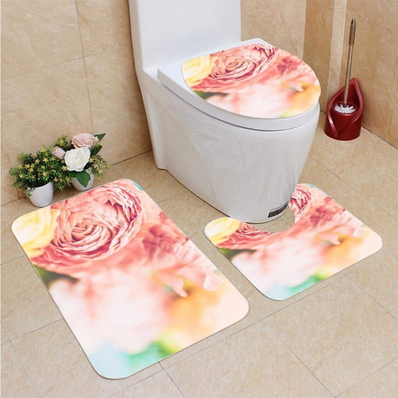 PUDMAD Delicate Beautiful Ranunculus Carnation Bouquet Mother s Day 3 Piece Bathroom Rugs Set Bath Rug Contour Mat and Toilet Lid Cover