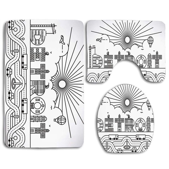 PUDMAD Detroit Detroit City Typography Building Letters Transportation Air Balloon 3 Piece Bathroom Rugs Set Bath Rug Contour Mat and Toilet Lid Cover