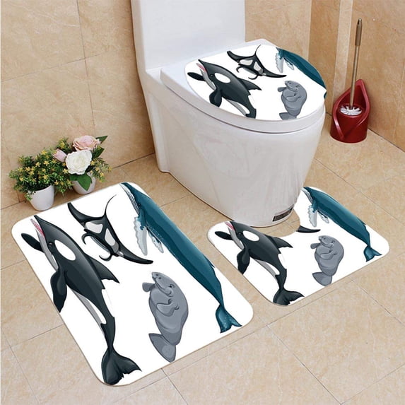 PUDMAD Different Kind Whales Fish 3 Piece Bathroom Rugs Set Bath Rug Contour Mat and Toilet Lid Cover