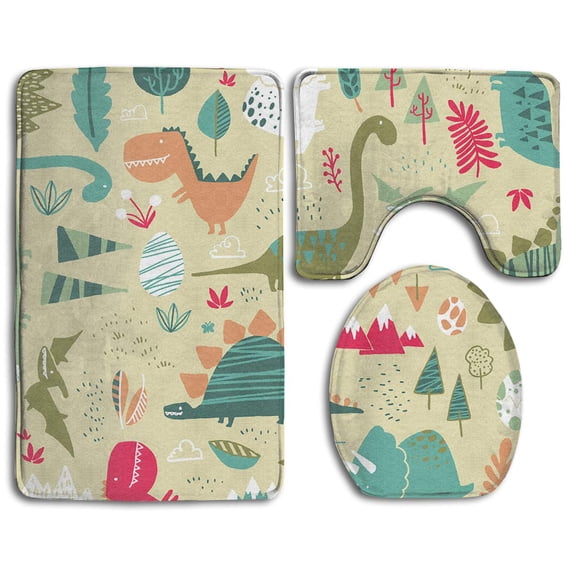 PUDMAD Dinos 3 Piece Bathroom Rugs Set Bath Rug Contour Mat and Toilet Lid Cover