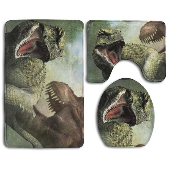 PUDMAD Dinosaur 3 Piece Bathroom Rugs Set Bath Rug Contour Mat and Toilet Lid Cover