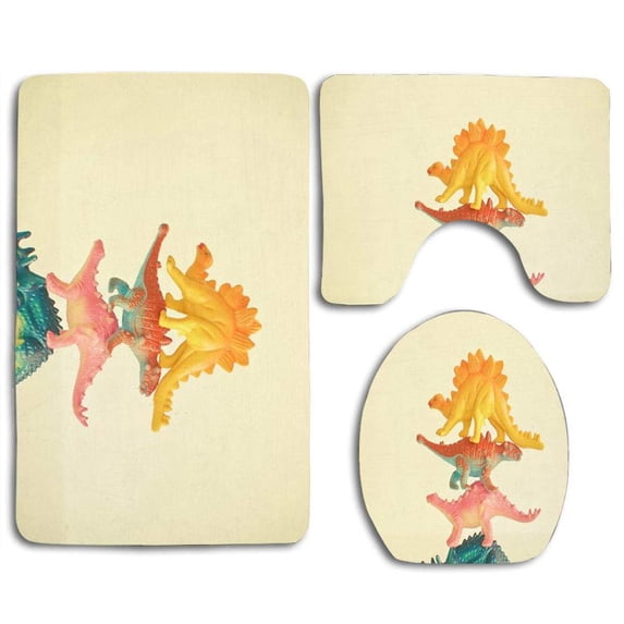PUDMAD Dinosaur Antics 3 Piece Bathroom Rugs Set Bath Rug Contour Mat and Toilet Lid Cover