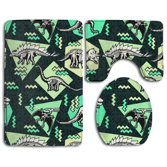 PUDMAD Dinosaur Bones 3 Piece Bathroom Rugs Set Bath Rug Contour Mat and Toilet Lid Cover
