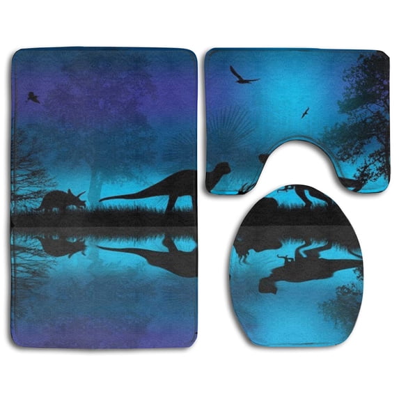 PUDMAD Dinosaurs by River Night 3 Piece Bathroom Rugs Set Bath Rug Contour Mat and Toilet Lid Cover
