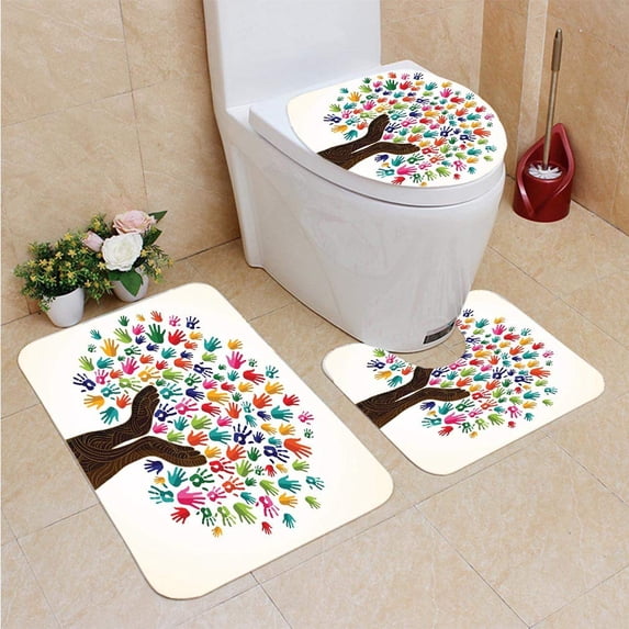 PUDMAD Diversity Tree Wooden Hands 3 Piece Bathroom Rugs Set Bath Rug Contour Mat and Toilet Lid Cover