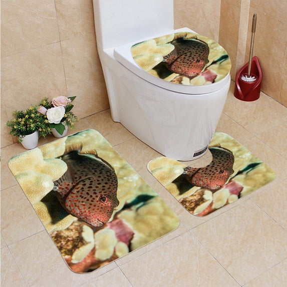 PUDMAD Diving Fish Underwater Hawaii 3 Piece Bathroom Rugs Set Bath Rug Contour Mat and Toilet Lid Cover