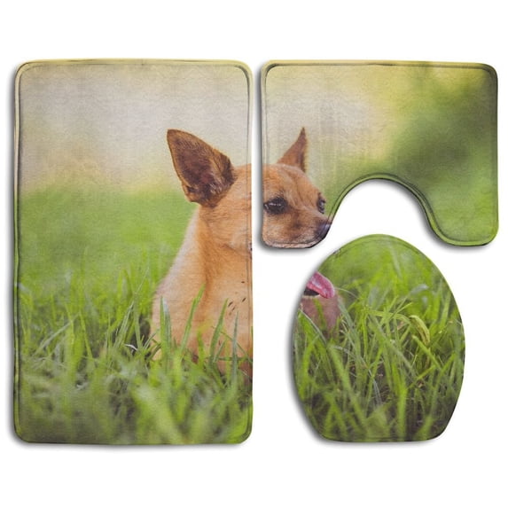 PUDMAD Dog Protruding 3 Piece Bathroom Rugs Set Bath Rug Contour Mat and Toilet Lid Cover