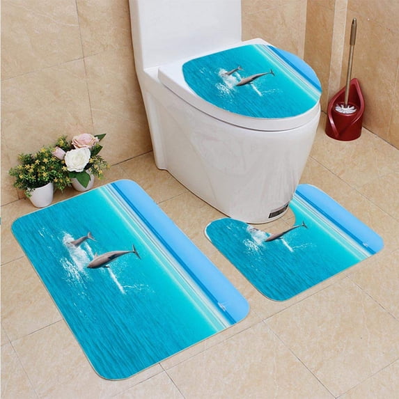PUDMAD Dolphin 3 Piece Bathroom Rugs Set Bath Rug Contour Mat and Toilet Lid Cover