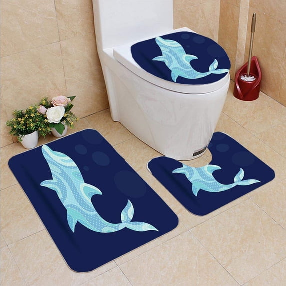 PUDMAD Dolphin Art 3 Piece Bathroom Rugs Set Bath Rug Contour Mat and Toilet Lid Cover