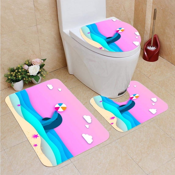 PUDMAD Dolphin Beach Ball in sea in Paper Cut Style Origami Layered Beautiful Seascape Sky Hawaii Pacific 3 Piece Bathroom Rugs Set Bath Rug Contour Mat and Toilet Lid Cover